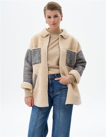 Plush Coat with Stone Pockets Black Cream