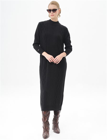 Knitted Patterned Knit Dress Black