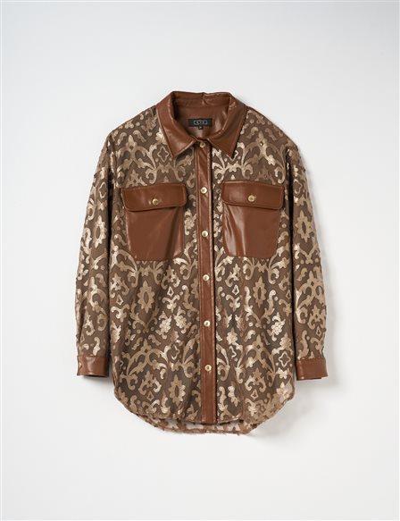 Leather Garnished Patterned Shirt Gold