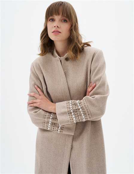 Embroidered Sleeve Cashmere Coat Light Beige