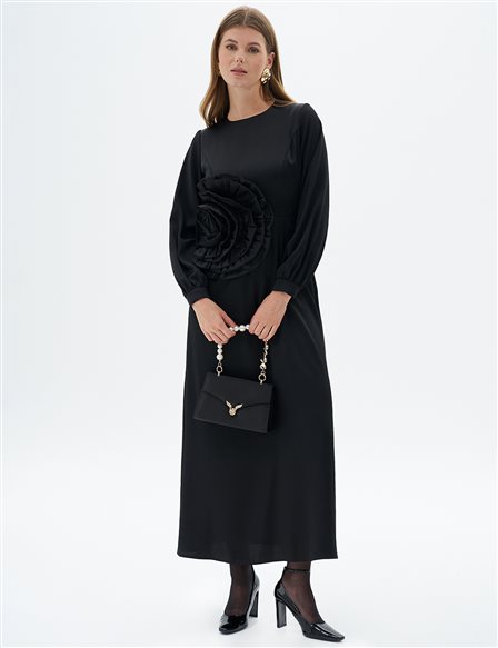 Rose Motif Satin Dress Black