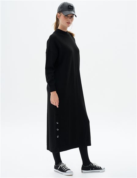 Button Detailed Knit Dress Navy Blue