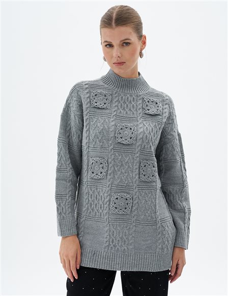 Lace Appliqued Knit Tunic Grey