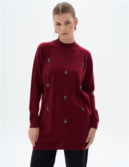 Stone Embroidered Turtleneck Tunic Burgundy