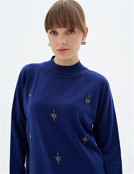 Stone Embroidered Turtleneck Tunic Indigo