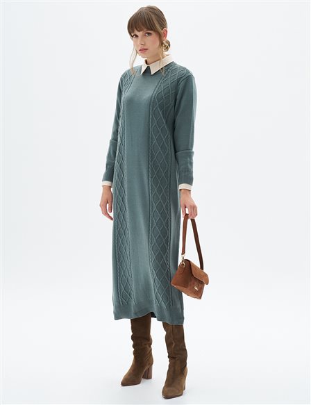 Knit Patterned Knitwear Dress Mold Green