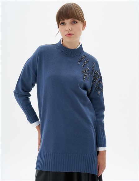 Stone Embroidered Ribbed Knitwear Tunic Indigo