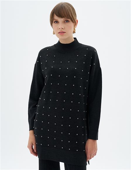 Bead Embroidered Half Turtleneck Knitwear Tunic Black