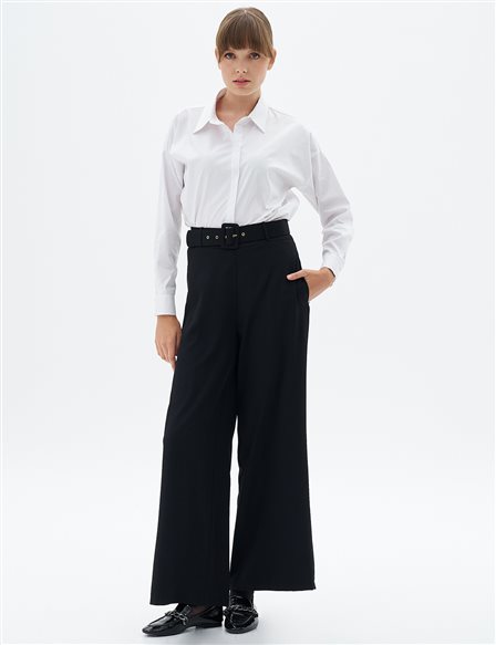 Wide Leg Trousers with Belt Detail Black