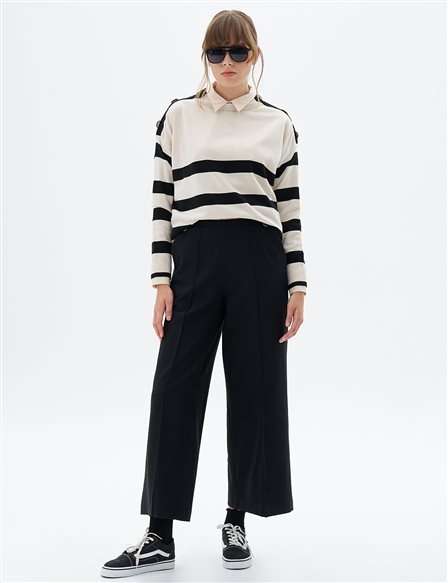 Button Detailed High Waist Trousers Black