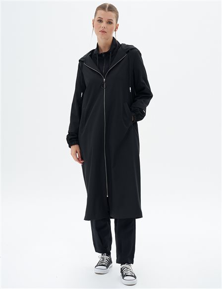 Fleece Garnished Zippered Cape Black