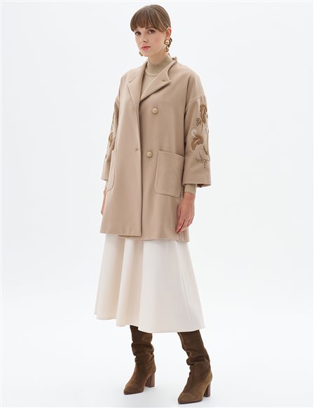 Embroidered Cashmere Coat Beige