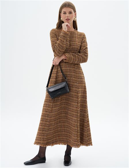 Tweed Dress with Tasseled Hem Beige