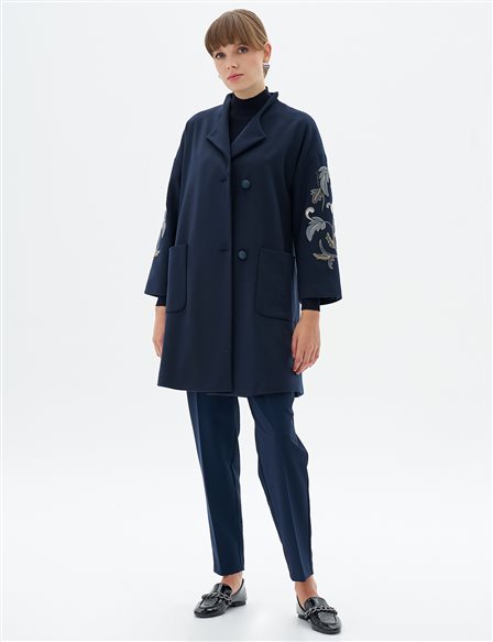 Embroidered Cashmere Coat Navy Blue