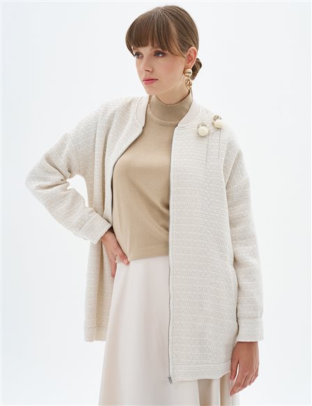 Ribbed Brooch Detailed Jacket Cream