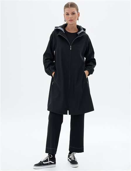 Hooded Coat with Elastic Drawstring at Wrists Black