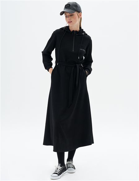 Hooded Scuba Dress Black