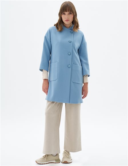 Three Quarter Sleeve Cashmere Coat Blue