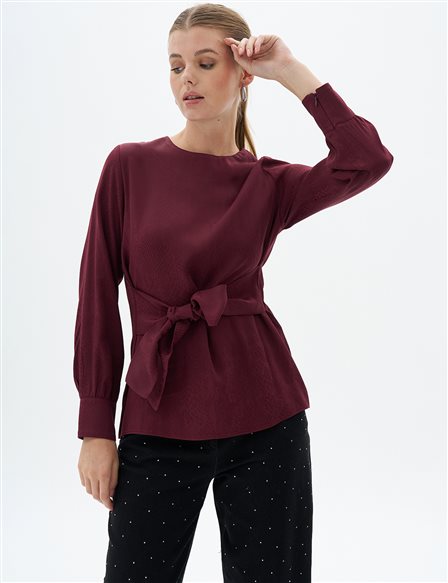 Belted Zero Collar Blouse Claret Red