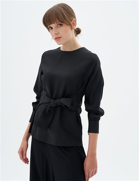 Belted Zero Collar Blouse Black