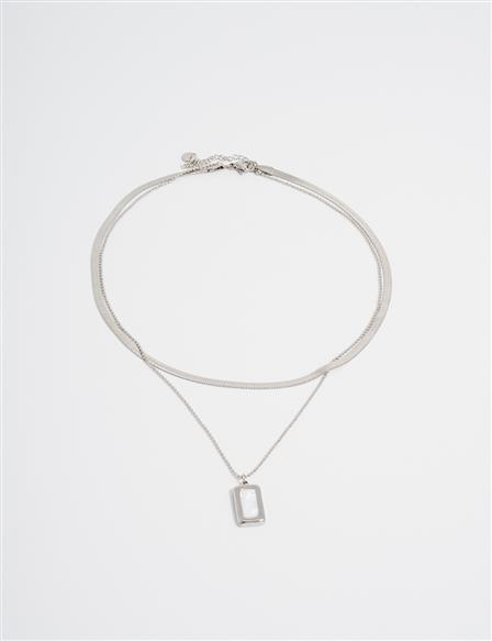 Silver Multi-Layered Steel Necklace with Square Pendant