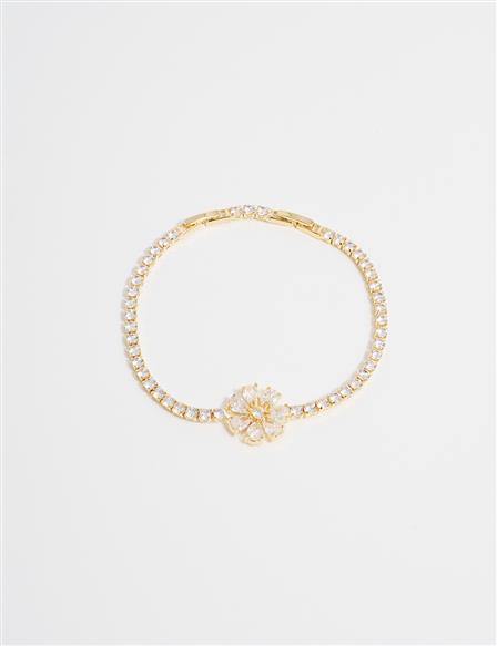 Gold Steel Bracelet with Flower Design and Shiny Stones