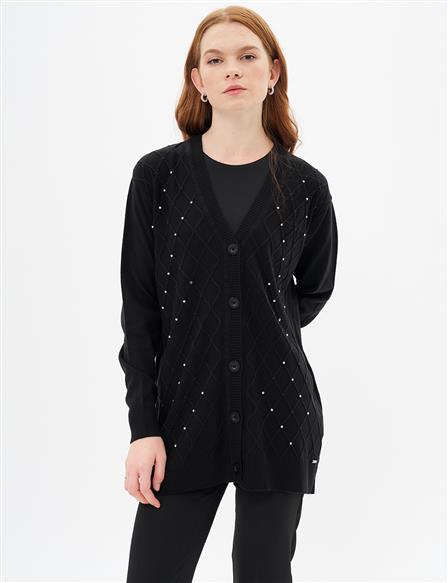 Stone Embroidered Knit Cardigan Black