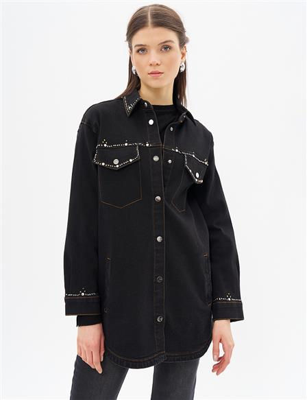 Embroidered Denim Jacket Black