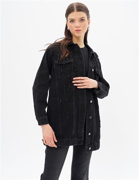 Bead Embroidered Denim Jacket in Black