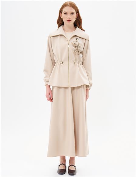 Gathered Waist Skirt Jacket Set Light Beige