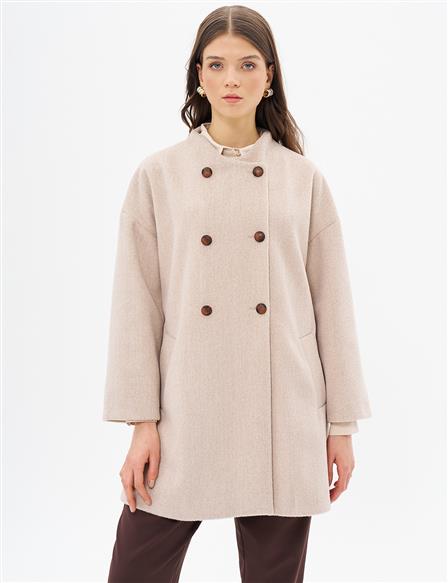 Button Closure Cashmere Coat Beige