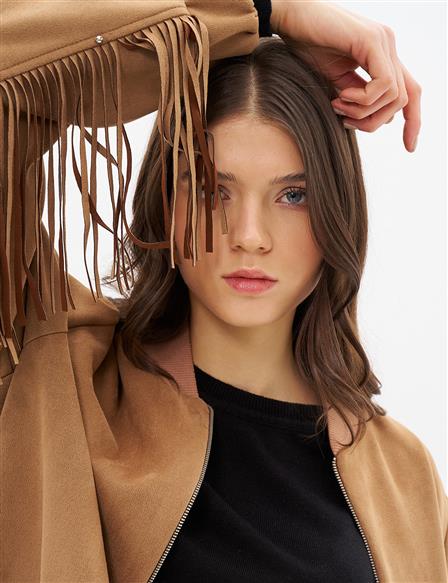 Back Tassel Detailed Suede Jacket Camel