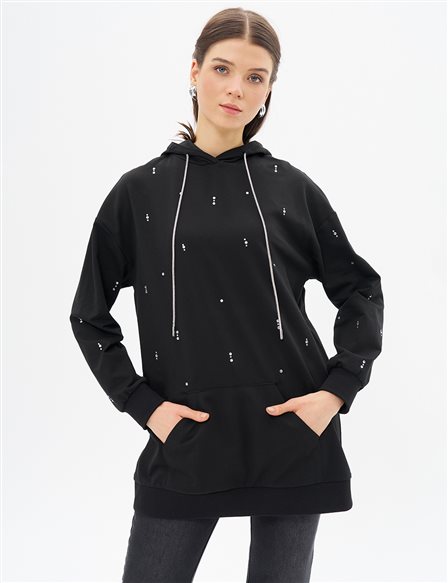 Black Hooded Sweatshirt with Hotfix Print and Two Threads