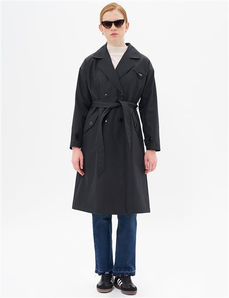 Belted Double Breasted Trench Coat Black