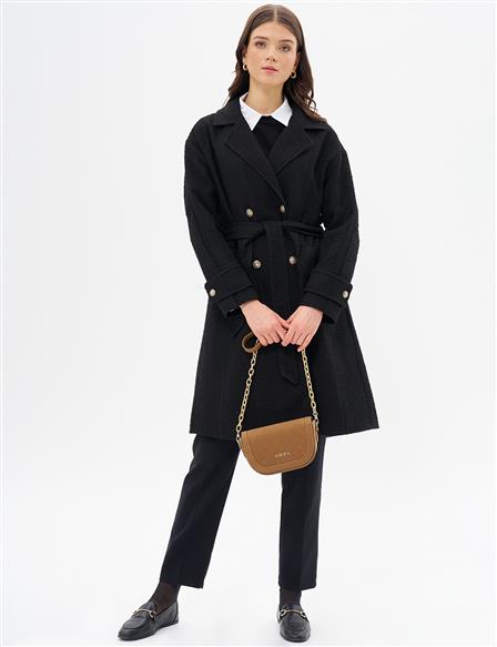 Gold Button Belted Coat Black