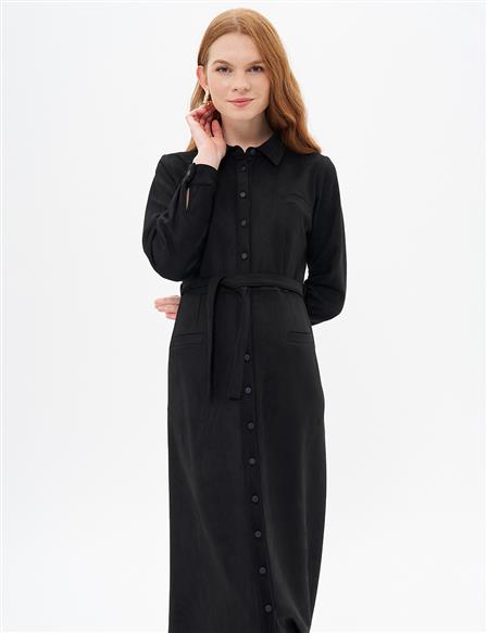  Suede Dress with Flap Pockets Black