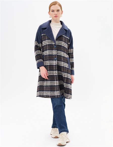 Garnished Plaid Coat Navy Blue