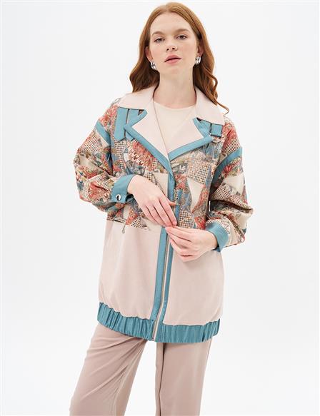 Suede Garnished Jacquard Jacket Cream