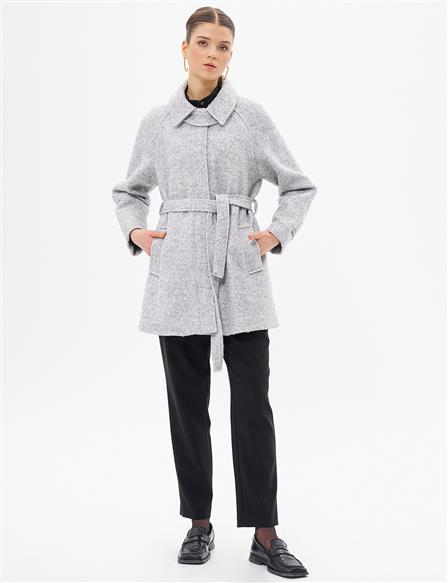 Pocket-Detail Belted Gray Coat