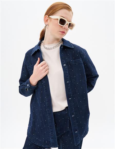 Hotfix Printed Denim Jacket Navy Blue