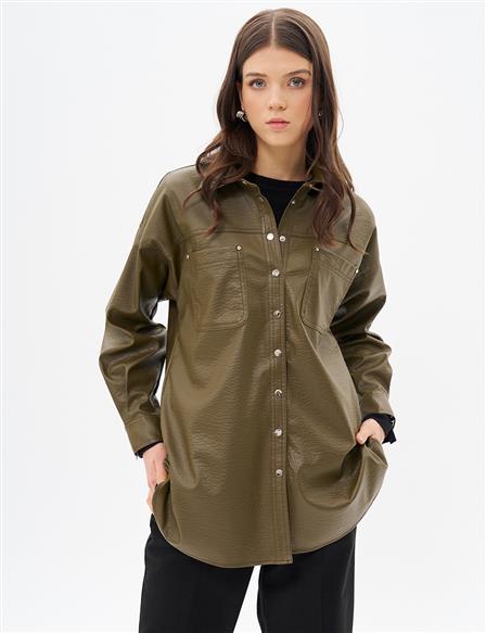 Snap Snap Faux Leather Jacket Khaki