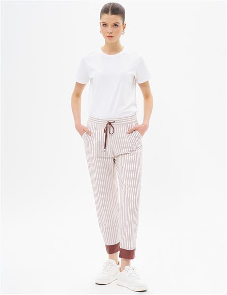 Elastic Waist Natural Fabric Trousers Coffee-Optic White