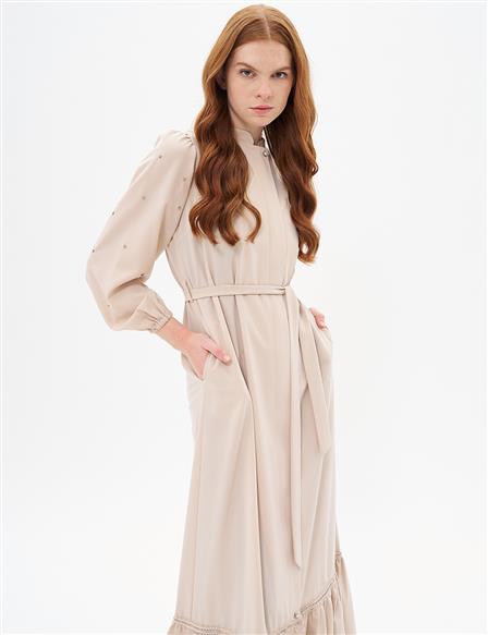 Belted Balloon Sleeve Wear-and-Go Sand Beige