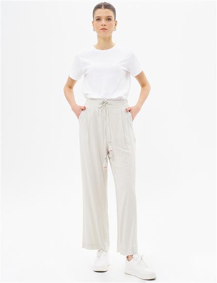 Elastic Waist Tassel Trousers Cream