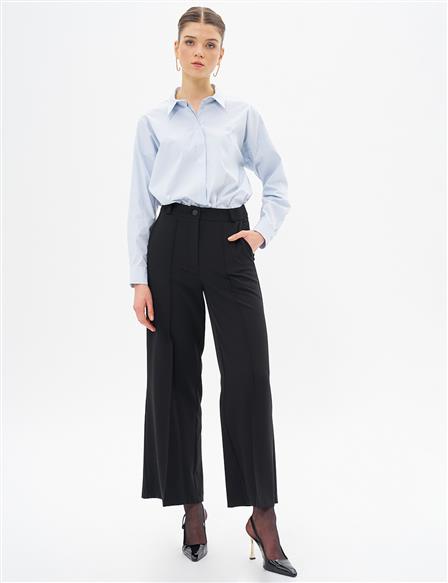 Wide Leg Trousers with Grass Detail Black