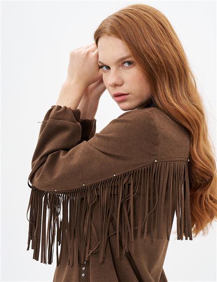 Suede Jacket with Tassel Detail on the Back Brown