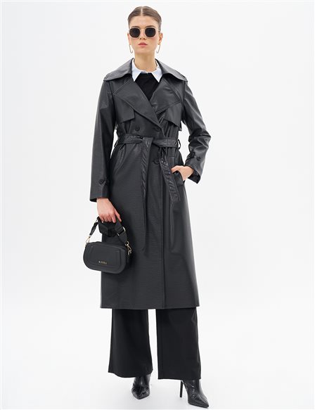 Belted Faux Leather Coat Black