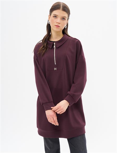 Yarım Fermuar Kapamalı Scuba Sweatshirt Koyu Bordo