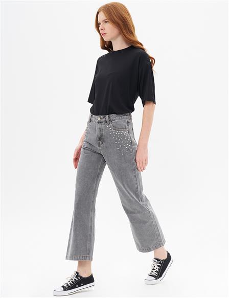 Taş İşlemeli Denim Pantolon Gri