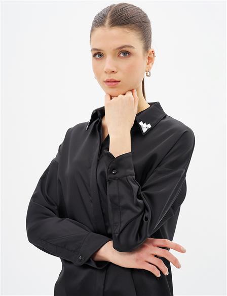 Embroidered Satin Tunic with Collar Black